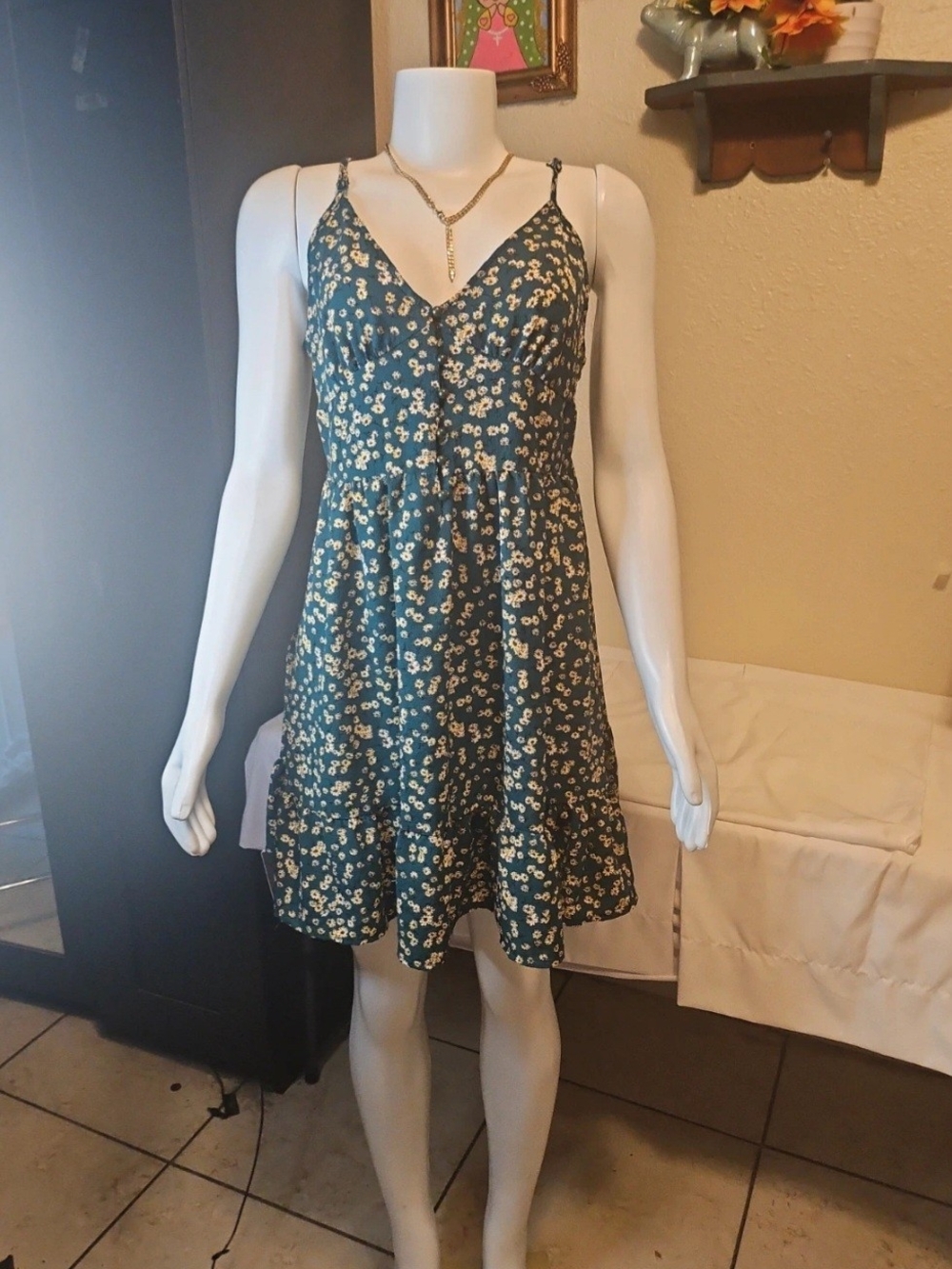 SHEIN Teal Floral V-Neck Spaghetti Strap Mini Dress